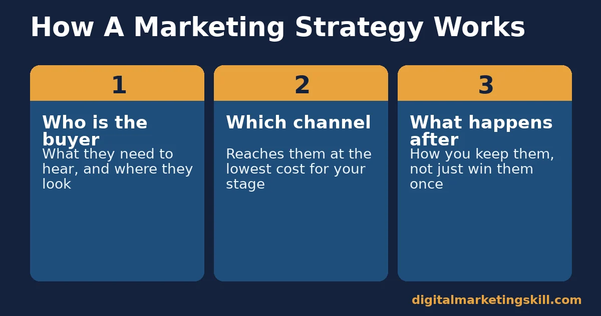 Marketing strategy three-part diagram: who is the buyer, which channel, what happens after the sale