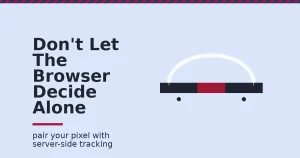 Meta pixel shown as a broken dark bridge with a crimson gap, completed by a white arc representing server-side tracking