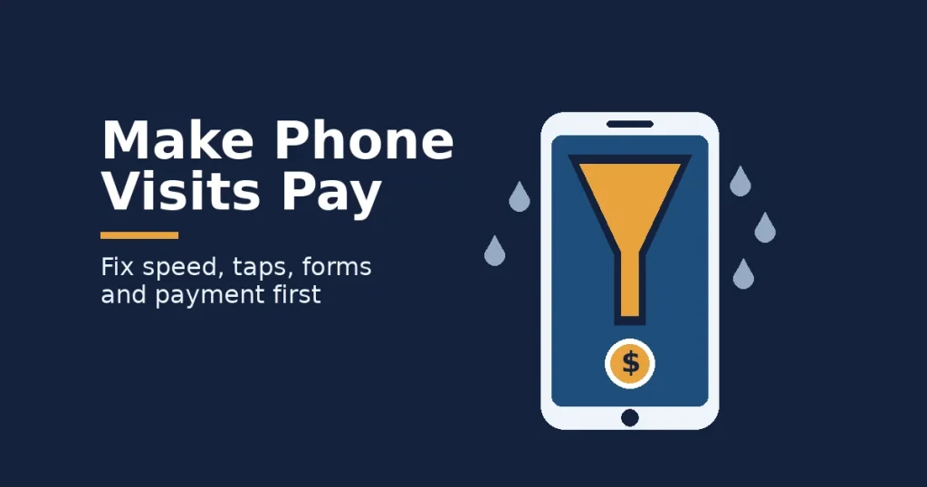 Cover image for a guide to mobile conversion rate showing a phone with a funnel leaking drops and a coin at the bottom