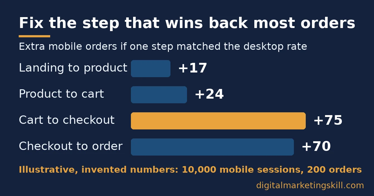 Bar chart of extra orders per checkout step if mobile matched desktop, used to prioritise mobile conversion rate fixes; illustrative numbers