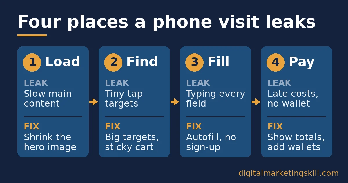 Diagram of four steps that affect mobile conversion rate: load, find, fill and pay, each with a leak and a fix