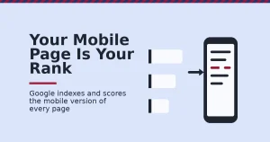 Mobile-first indexing shown as a phone screen feeding a ranked list of search results, with one content row broken in crimson to mark a missing piece