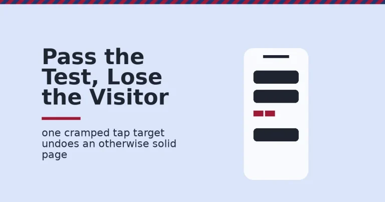 Mobile-friendly website shown as a phone screen with normal dark buttons and one undersized crimson tap target that is too cramped to use
