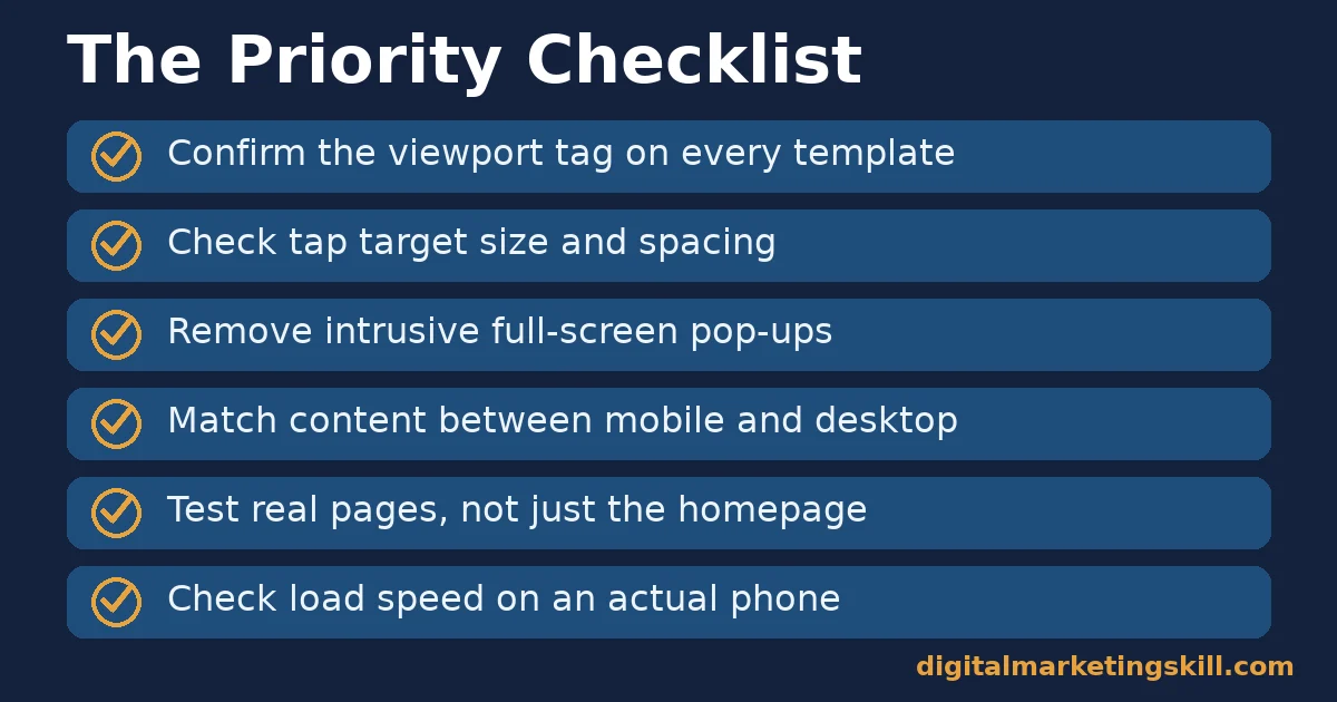 Mobile-friendly website checklist with six checks in priority order: viewport tag, tap target size, no intrusive pop-ups, matching content, testing real pages, checking phone load speed