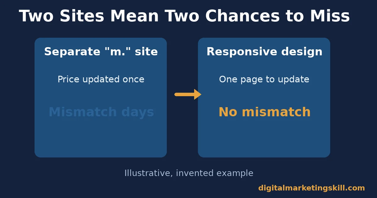 Mobile-friendly website illustrative example comparing a separate mobile site with days of price mismatch against responsive design with no mismatch