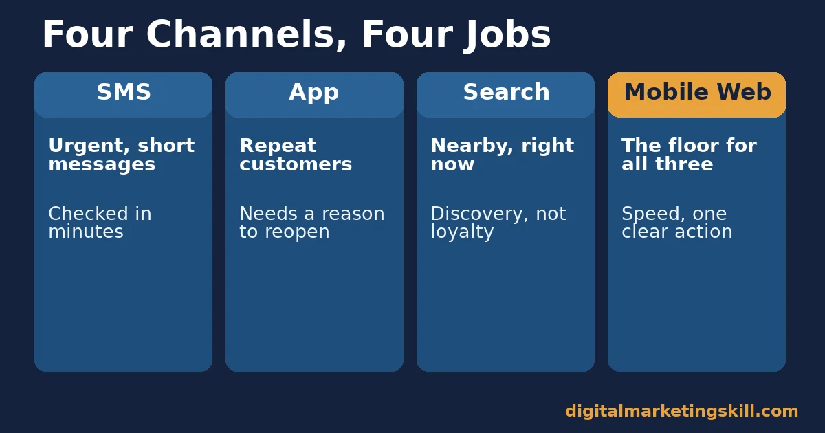 Mobile marketing strategy channel comparison Mobile marketing strategy comparison of four channels: SMS, app, search and mobile web, with the job each one is built for
