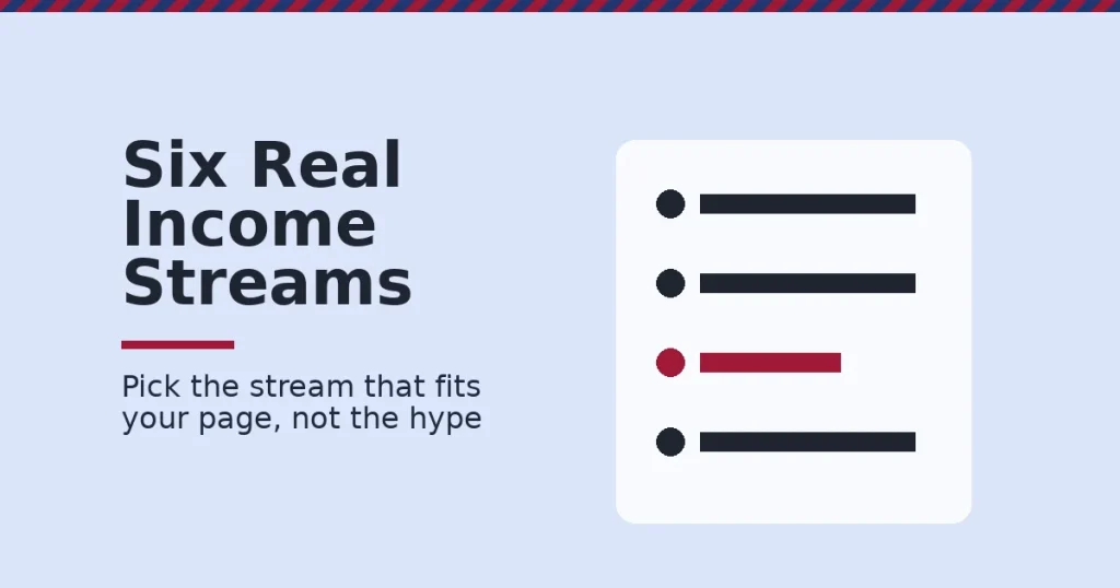 Checklist icon to monetize a Facebook Page with three dark income streams and one crimson flagged risky stream