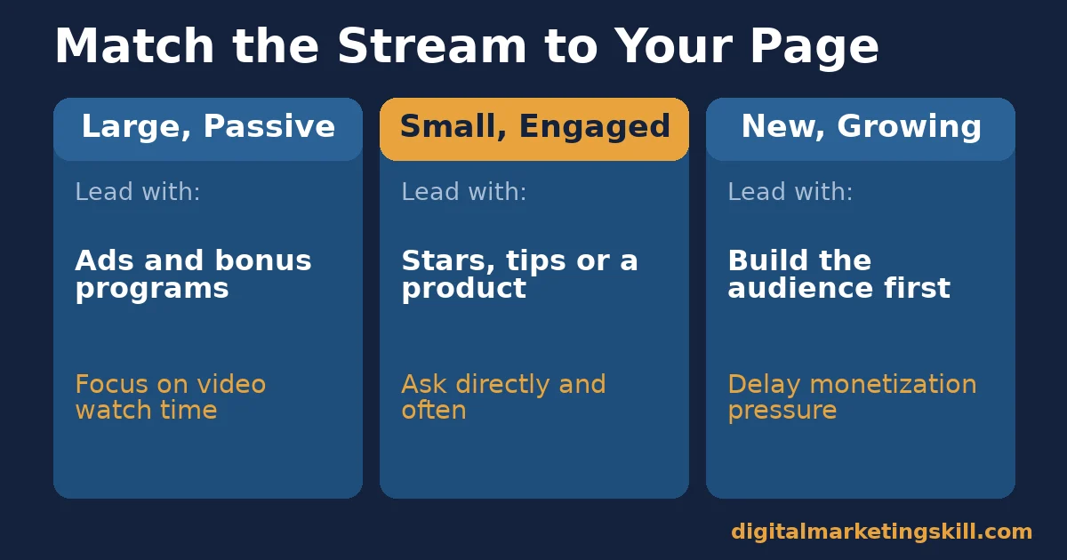 Match the stream to your page to monetize a Facebook Page Three-column comparison of large passive, small engaged and new growing pages to help you monetize a Facebook Page
