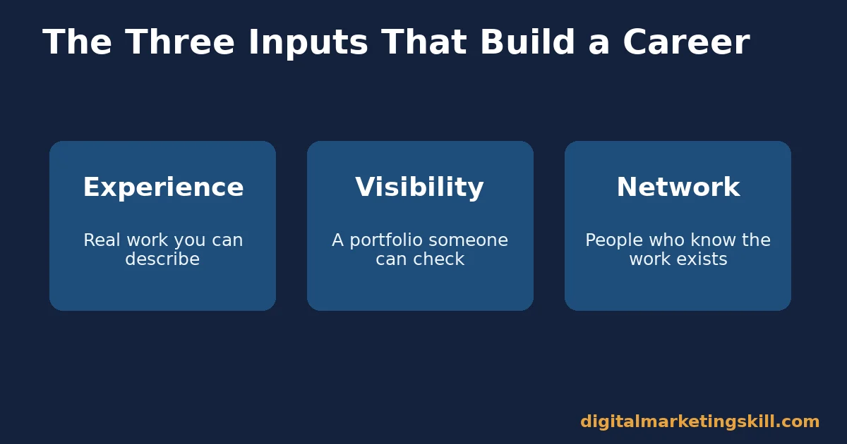 Diagram of the three inputs a newbie digital marketer needs: experience, visibility, and network
