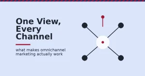 Omnichannel marketing concept showing four connected channel nodes feeding one central customer record, with one disconnected channel in red