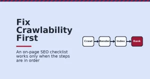 On-page SEO checklist shown as a four-stage pipeline of crawl, render, index and rank, with rank highlighted