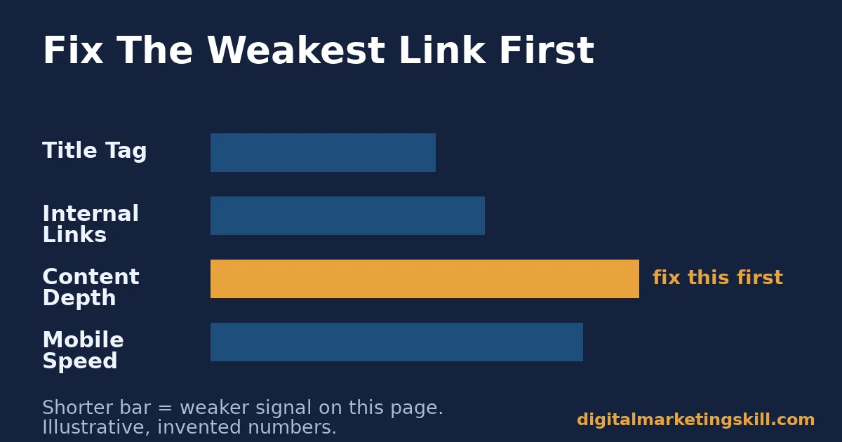 Horizontal bar diagram comparing title tag, internal links, content depth and mobile speed, highlighting content depth as the weakest signal to fix first
