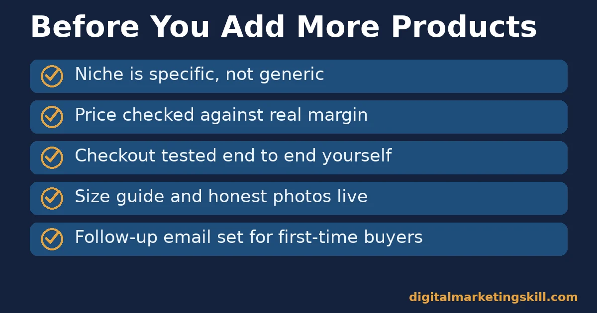 Online boutique checklist with five checks to complete before adding more products