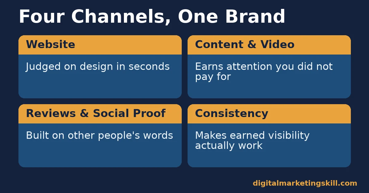 Online brand presence diagram of four channels: website, content and video, reviews and social proof, and consistency