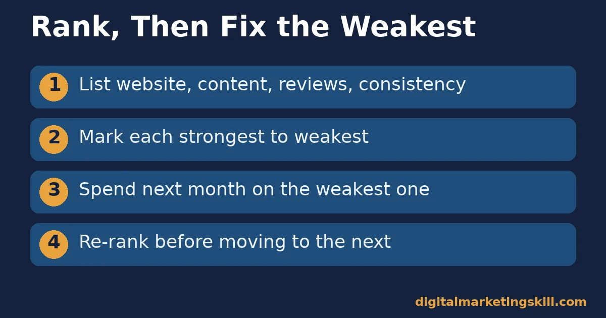 Online brand presence four-step checklist: list the channels, rank them, fix the weakest one, then re-rank