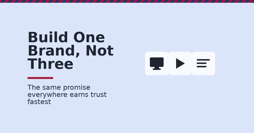 Online brand strategy shown as one crimson thread running through a website, video, and blog icon, aligned in a row
