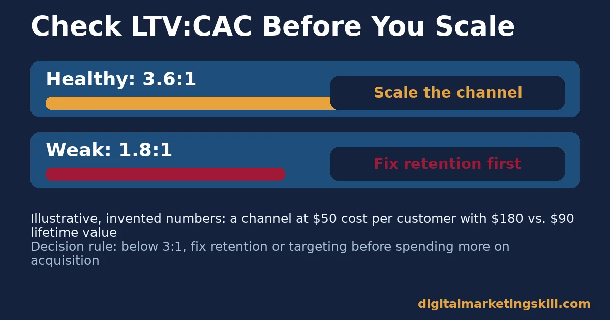 Online marketing metrics bar comparison of a healthy 3.6 to 1 LTV:CAC ratio against a weak 1.8 to 1 ratio