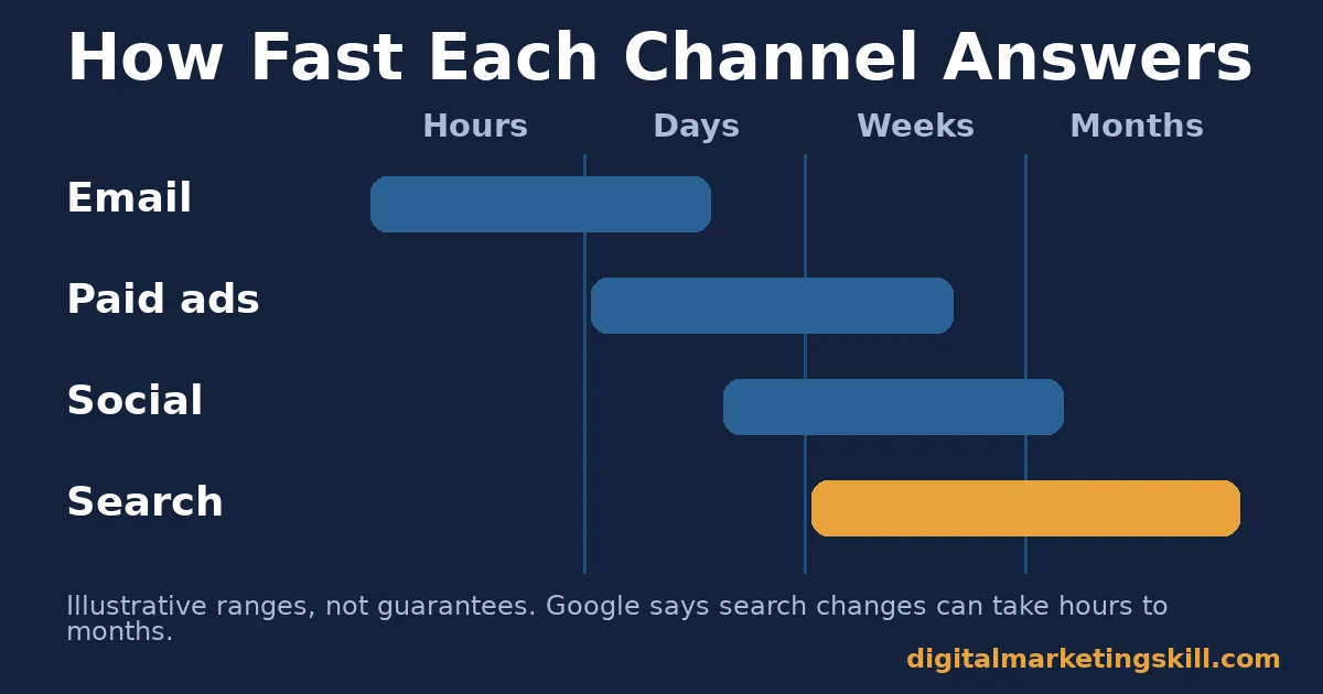 Online marketing mistakes and channel feedback speed Online marketing mistakes timeline showing email answering in hours to days, paid ads in days to weeks, social in weeks and search in weeks to months