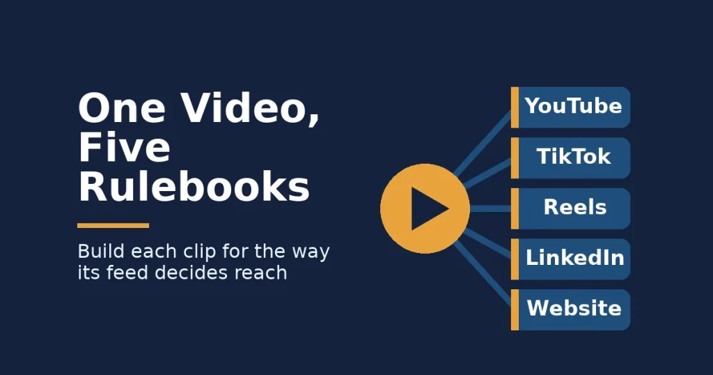 Online video strategy cover: a play button branching to YouTube, TikTok, Reels, LinkedIn and website panels