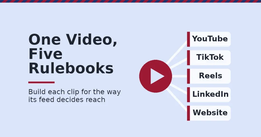 Online video strategy cover: a play button branching to YouTube, TikTok, Reels, LinkedIn and website panels