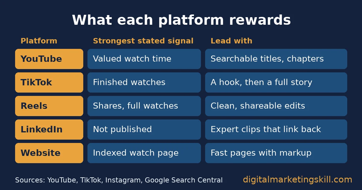Online video strategy table comparing the strongest stated signal and what to lead with on YouTube, TikTok, Reels, LinkedIn and a website