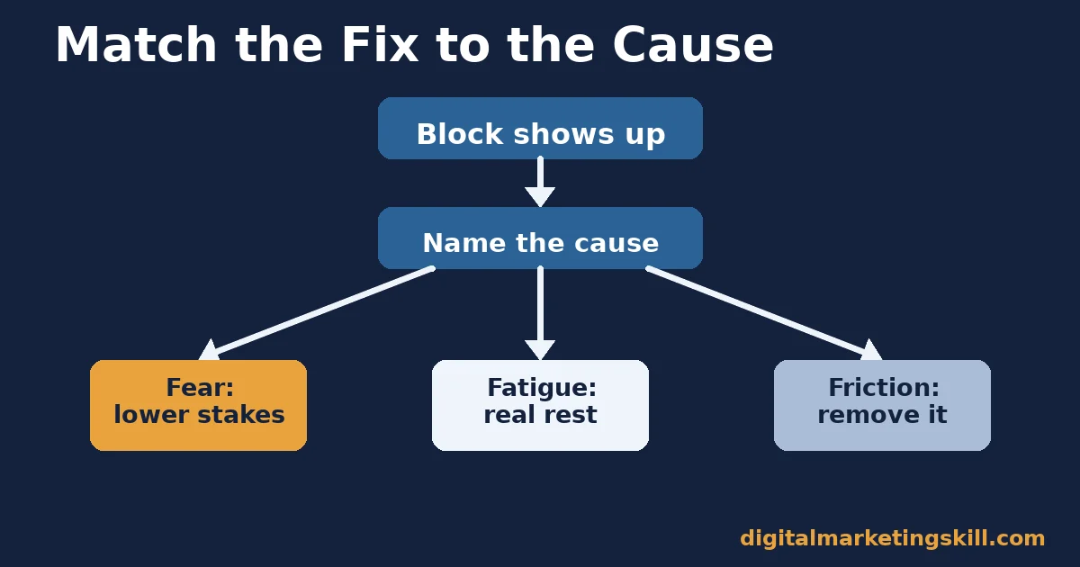 Flowchart to overcome writer's block: name the cause, then choose lower stakes, real rest or removing the interruption