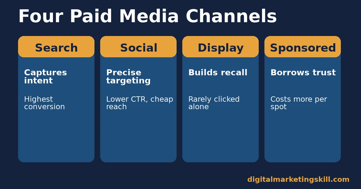 Four paid media channels compared Diagram comparing four paid media channels: search, social, display and sponsored content
