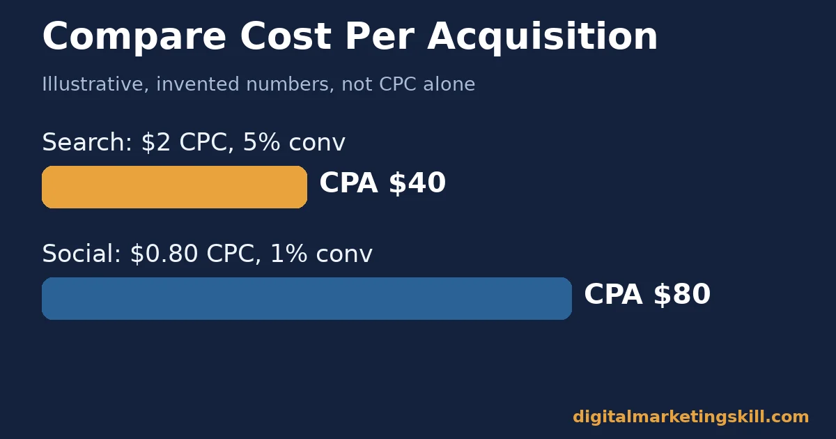Paid media cost per acquisition example Bar chart with illustrative invented numbers comparing cost per acquisition for search and social paid media
