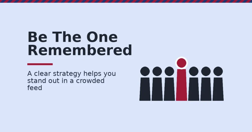 Personal branding strategy shown as a row of identical dark figures with one highlighted in crimson, standing out from the crowd