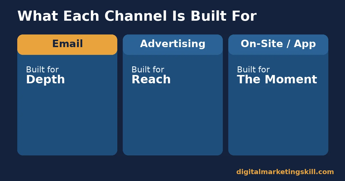 What each channel is built for Diagram showing email built for depth, advertising built for reach, and on-site or app built for the moment, three channels for personalized marketing
