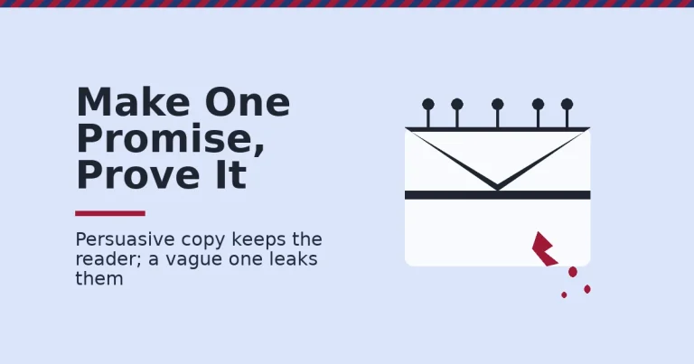 Persuasive email marketing shown as an envelope with readers entering the top and a crack leaking a few away at the bottom