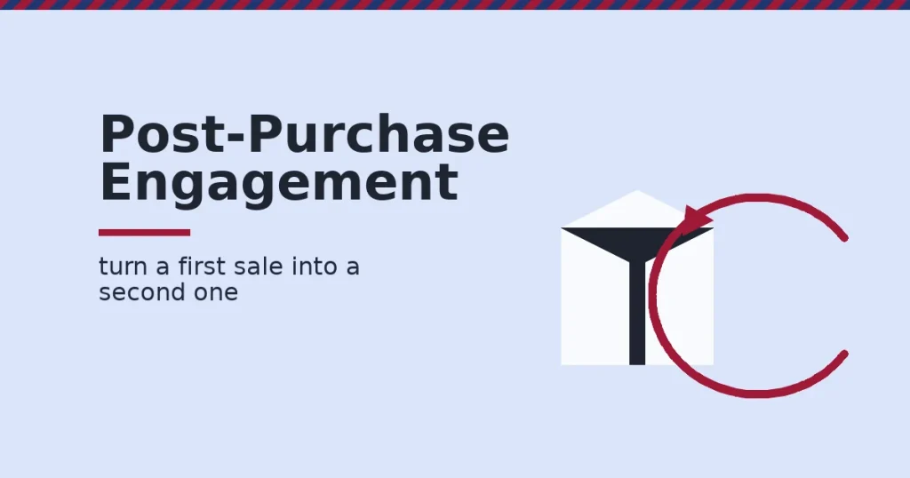 A box with a crimson arrow looping back to it, illustrating post-purchase engagement bringing a customer back to buy again