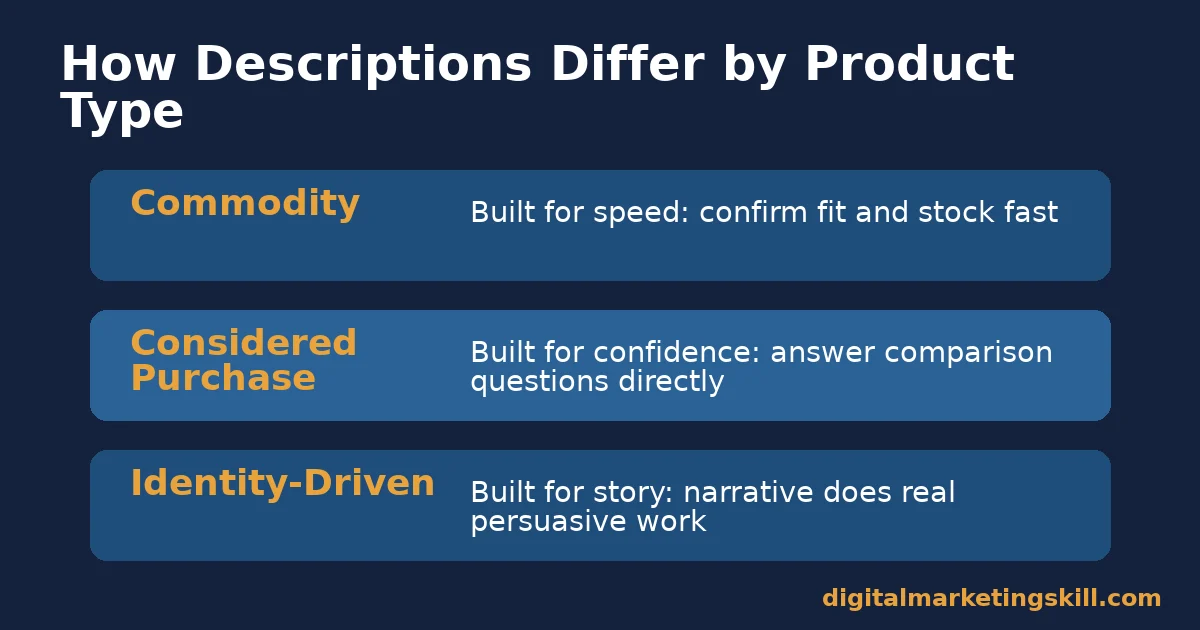 Table comparing product description approaches for commodity, considered purchase, and identity-driven products