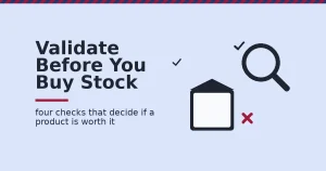 Products to sell online shown as a box checked with a magnifying glass, with one red cross marking a failed validation check