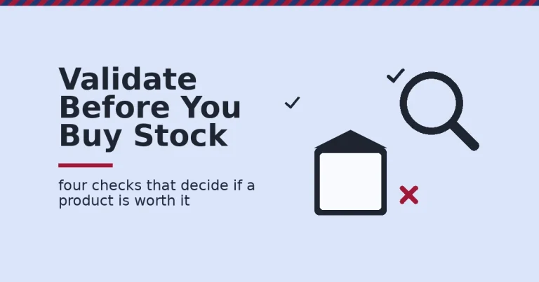 Products to sell online shown as a box checked with a magnifying glass, with one red cross marking a failed validation check