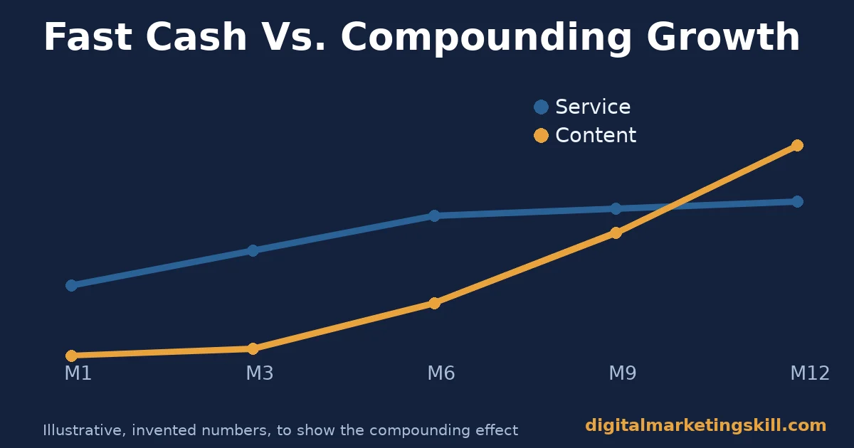 Service vs content income for a profitable online business Illustrative line chart comparing a service business and a content business building a profitable online business