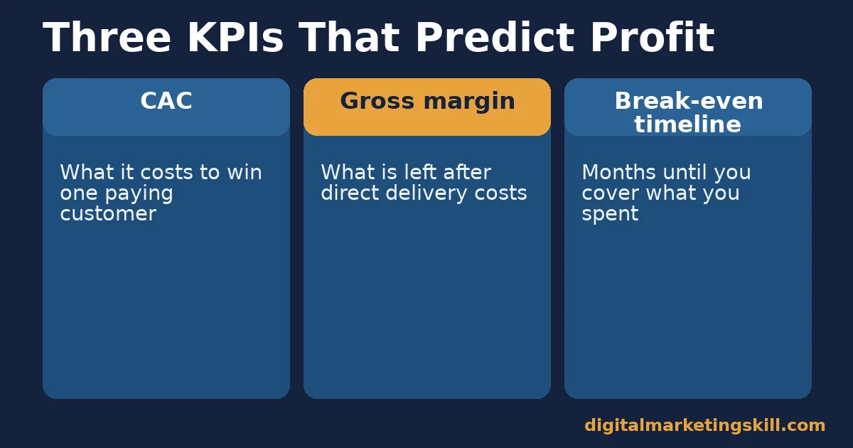 Three KPIs for a profitable online business Three KPI cards defining CAC, gross margin and break-even timeline for a profitable online business