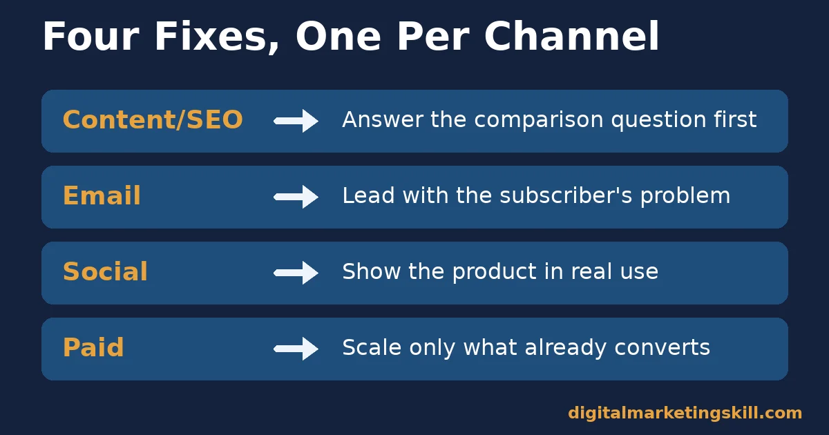 Table pairing each channel with one fix to promote affiliate products: content, email, social and paid