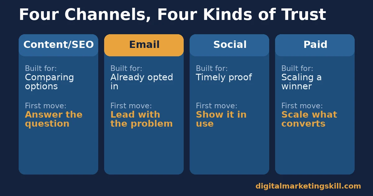 Four-column comparison of content, email, social and paid channels used to promote affiliate products, each with what it is built for and its first move