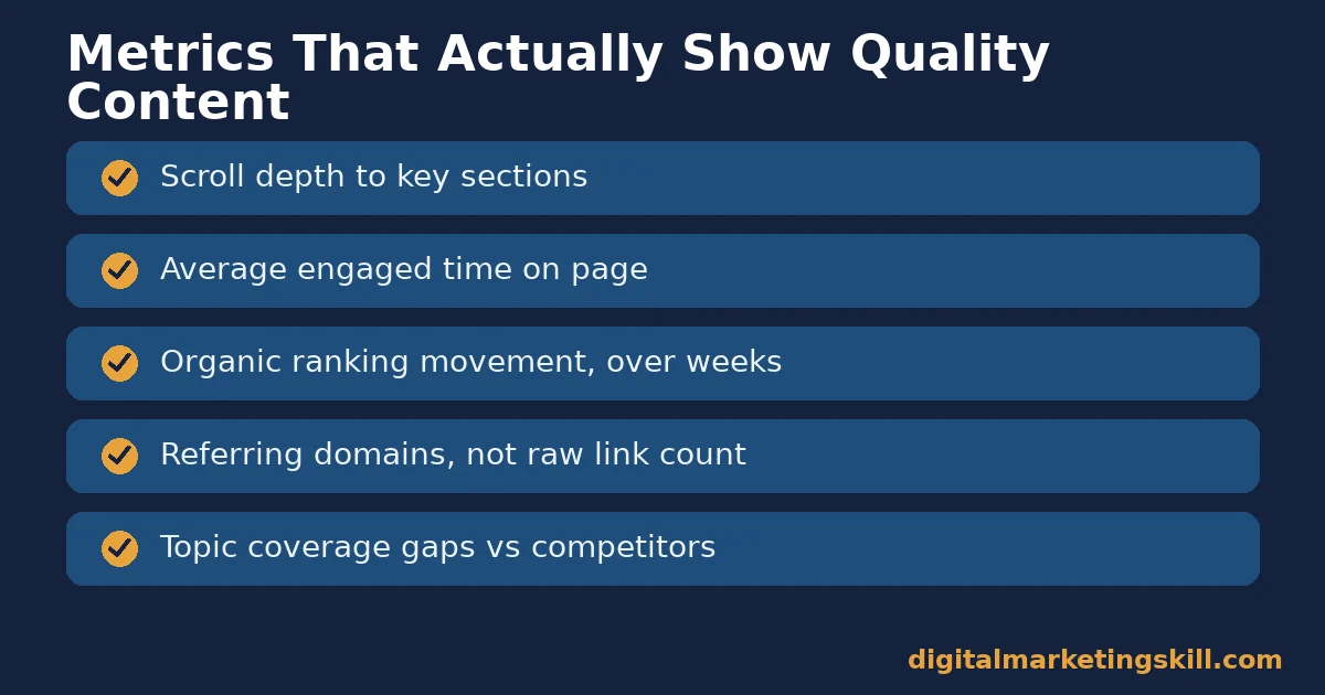 Checklist of quality content metrics: scroll depth, engaged time, organic ranking movement, referring domains and topic coverage gaps