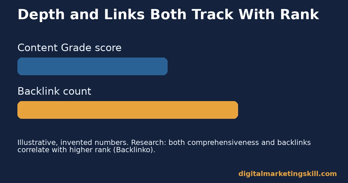 Bar chart of quality content research showing Content Grade score and backlink count both correlating with higher search rank position