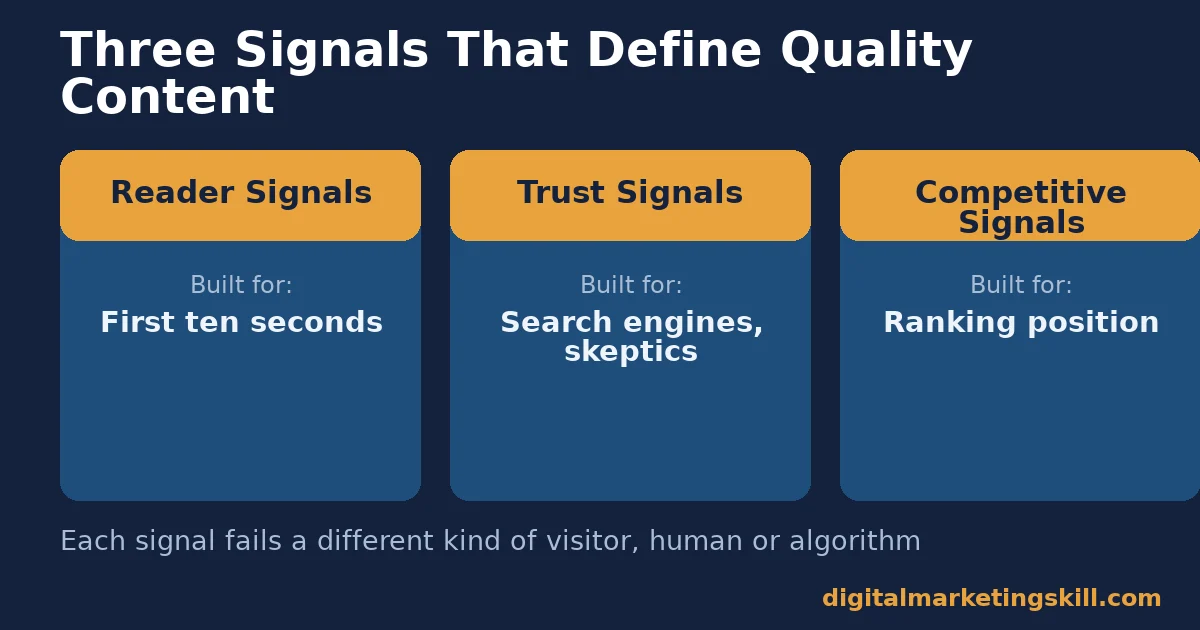 Diagram comparing three quality content signals: reader signals, trust signals and competitive signals