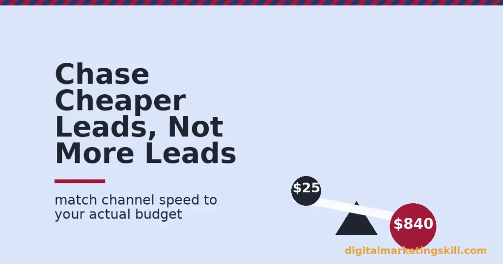 Quality lead generation strategies shown as a seesaw with a cheap twenty five dollar lead balanced against an expensive eight hundred forty dollar lead