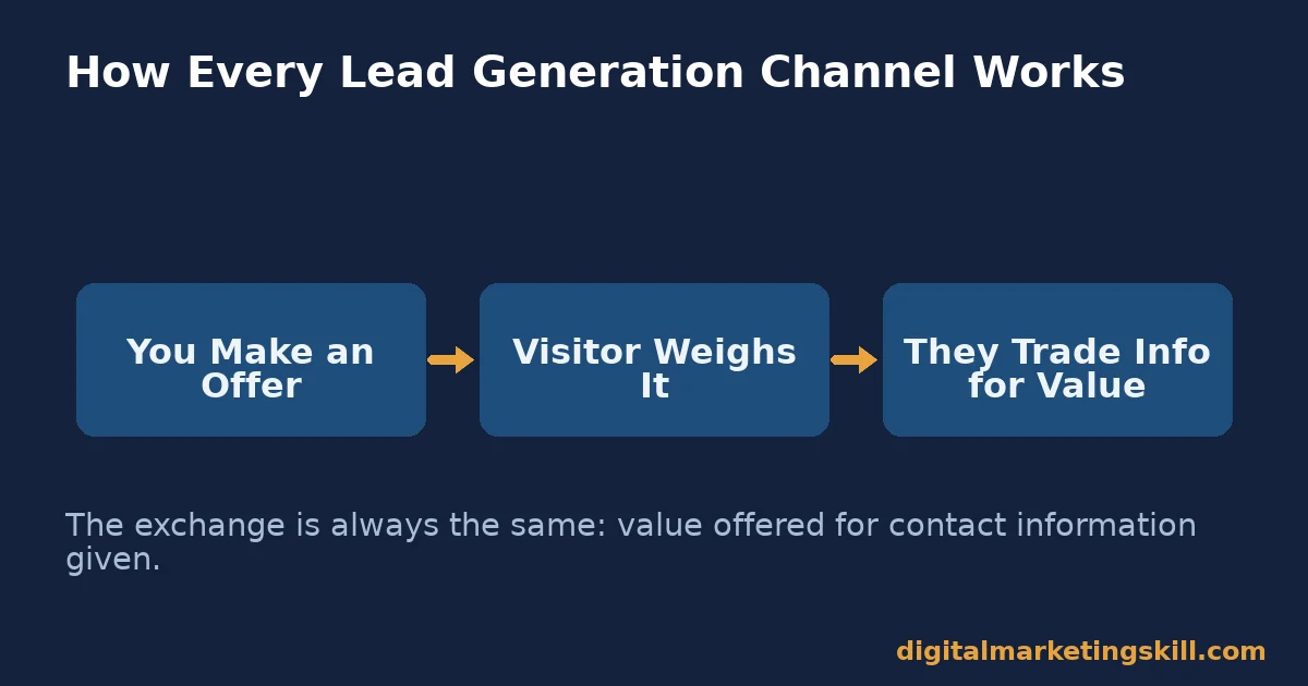 Diagram showing the mechanism behind quality lead generation strategies: an offer, a visitor weighing it, and a trade of information for value