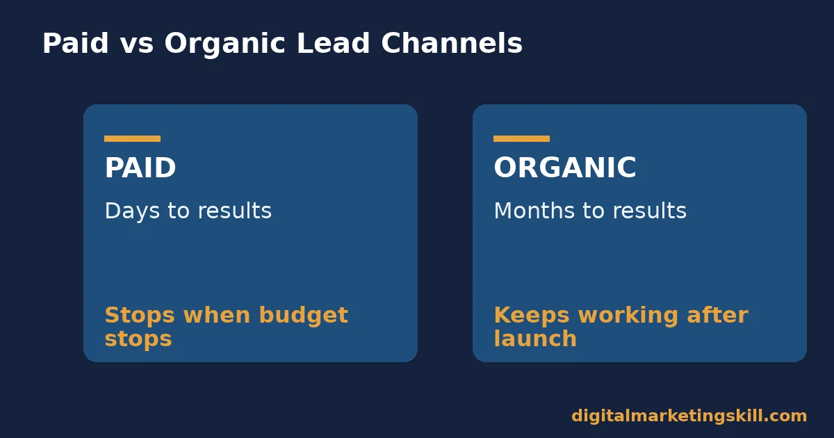 Two panel comparison of paid and organic quality lead generation strategies, showing speed to results and whether the channel keeps working after launch