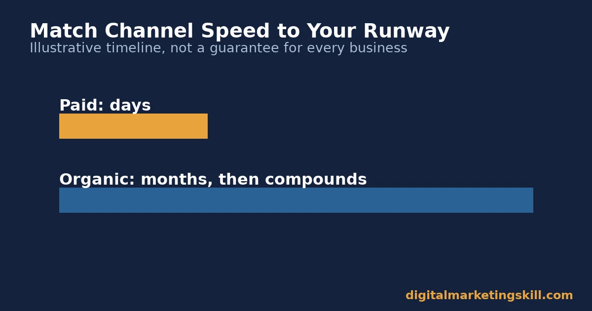 Illustrative bar chart comparing a short paid lead generation timeline in days against a longer organic timeline in months