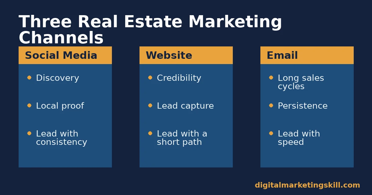 Diagram comparing social media, website and email as the three real estate marketing channels and what to lead with in each