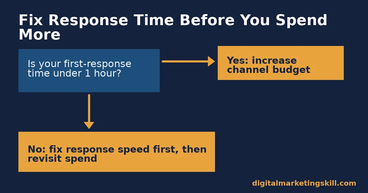 Flowchart showing the real estate marketing decision rule: fix response time before increasing channel spend