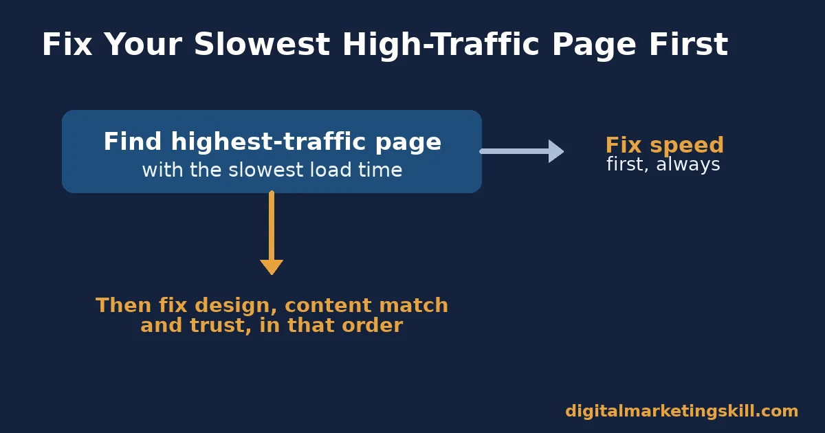 Decision flow chart showing fixing the slowest high-traffic page first as the way to reduce website bounce rate