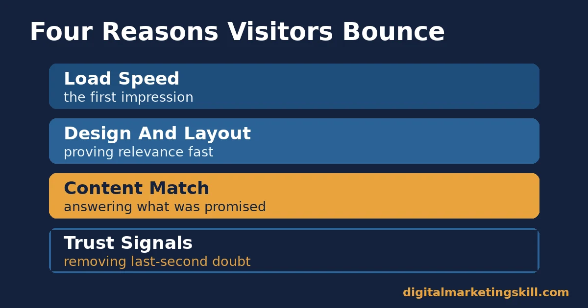 Diagram of four causes to reduce website bounce rate: load speed, design and layout, content match, and trust signals